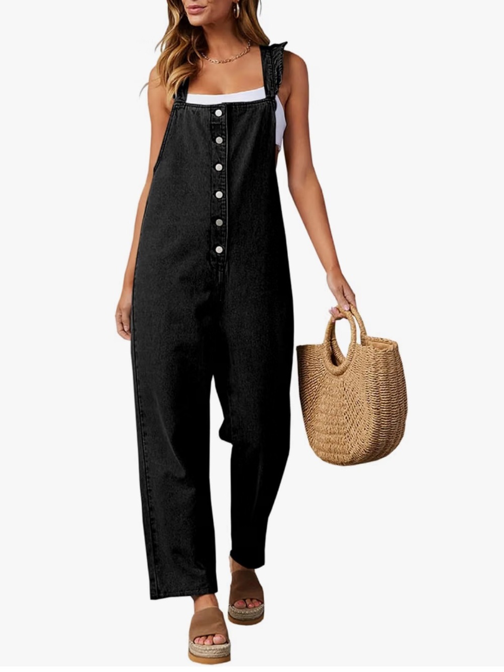 Black Button-Up Overalls with Ruffle Straps